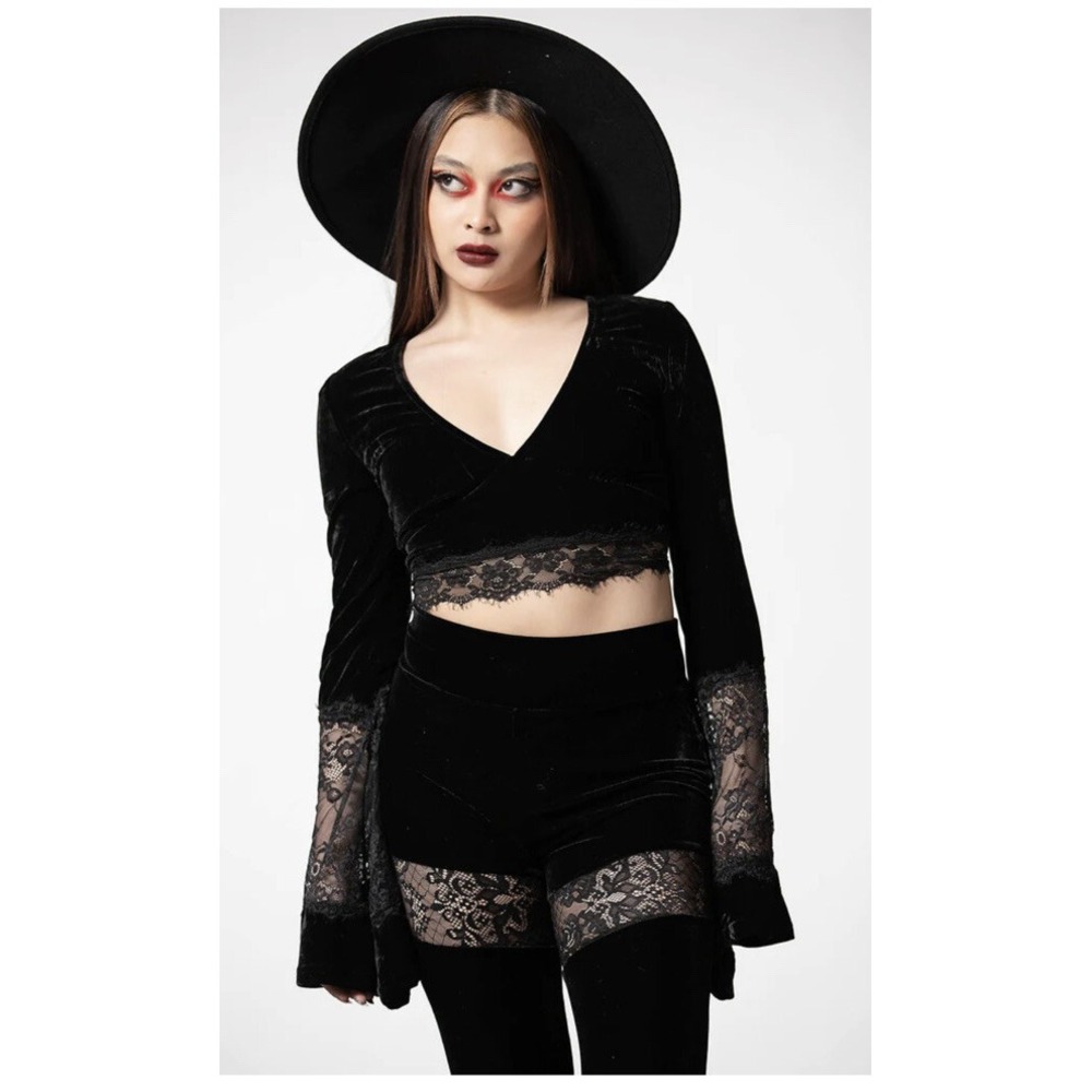 KILLSTAR Womens XS Black Velvet Lace Crop Bell Sleeve Pullover Blouse